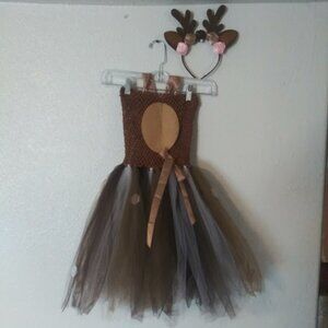 Deer costume girls size 6-10 brown, white and pink tutu dress with headband